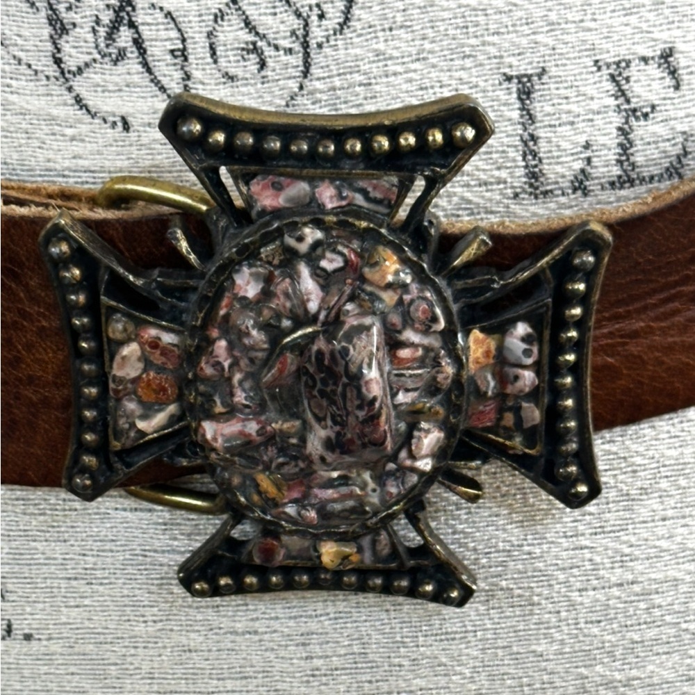 LeatherRock Vintage Brown Leather Belt with Ornate Stone Gothic Cross Buckle 34